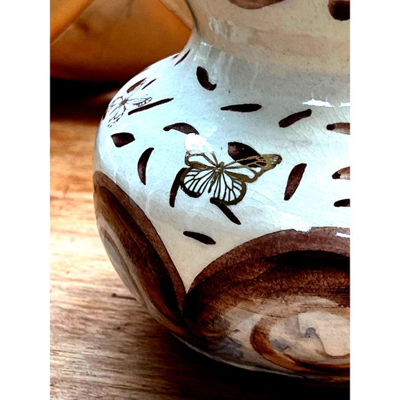 Ivory Pottery Vase with Blue & Brown Crackle Glaze in a Wave Pattern - Picture 6 of 10